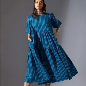 Mati Vasara Blue Striped Tiered Midi Dress Handwoven Cotton Puff Sleeve Sz XS